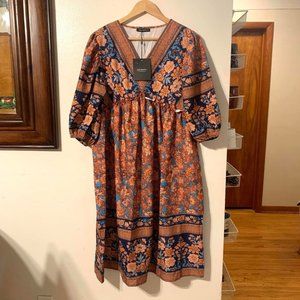 JUST FASHION NOW Floral Puff Sleeves Boho Long Wide Midi Dress Sz M